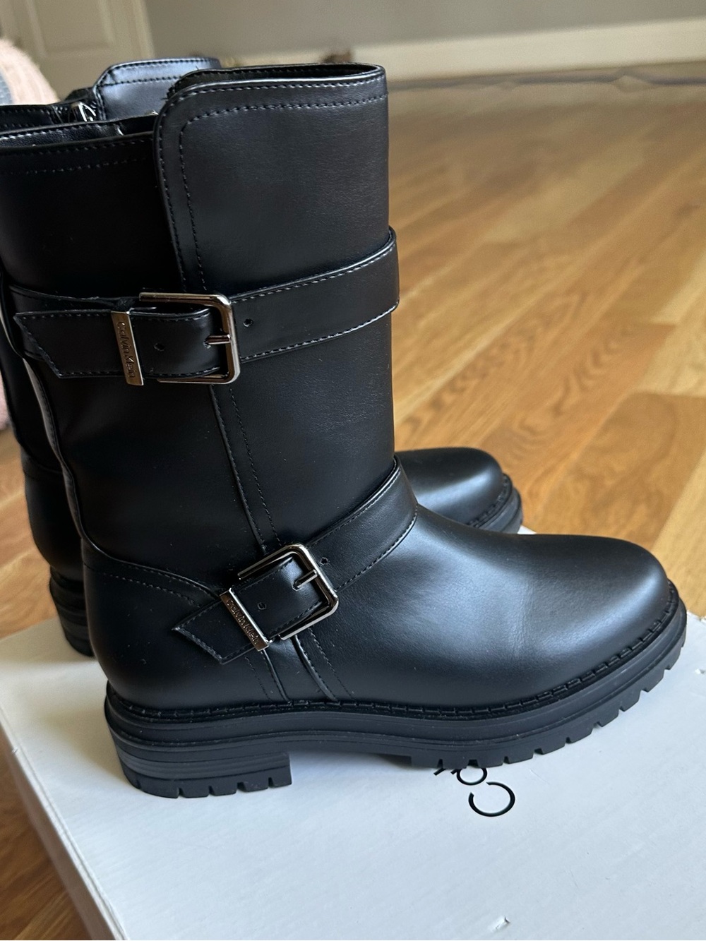 Calvin Klein Black Leather Moto Boots with Buckle Detail